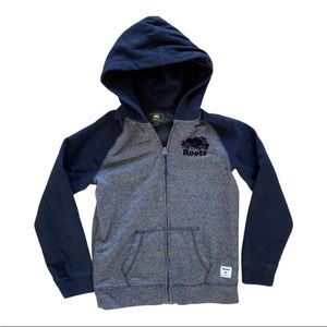 Roots Kids Navy Zip Hooded Sweatshirt in sizes large, aged 9-10 & XL age 11-12